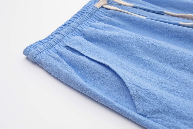 SIR7 Men's Linen Casual Classic Fit 11 Inch Inseam Elastic Waist Shorts with Drawstring Blue Large - Image 4